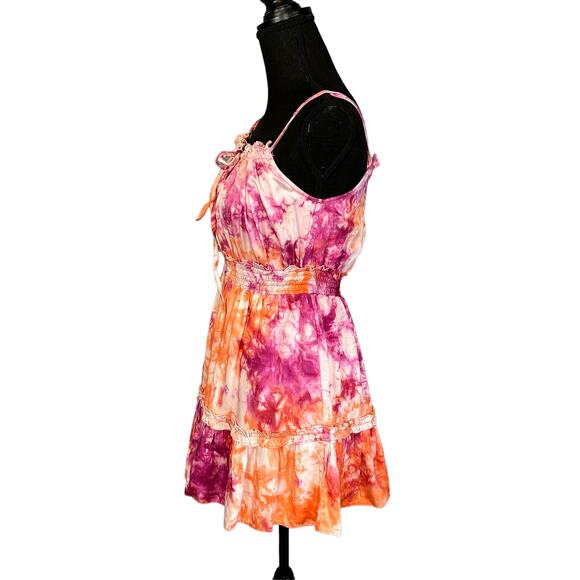 Tularosa Pink Tie Dye Ruffle Mini Dress SMALL Fresco Milkmaid Sundress Peasant - Picture 5 of 8